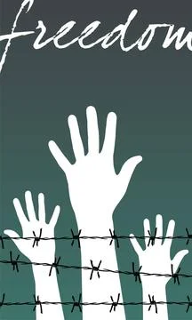 Hands behind a barbed wire prison with the word Freedom Illustration of wh... Stock Photos