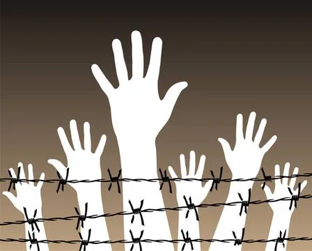Hands behind a barbed wire prison Illustration of white hands behind a bar... 写真素材