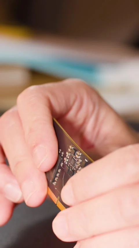 Hands Bending a Flexible Printed Circuit Board with Electronic Components Stock Footage 327830671