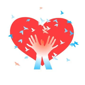 Hands with birds on a background of hearts. Stock Illustration