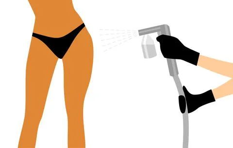 Hands in black gloves with a spray tan machine sprays tan on a woman's body Stock Illustration