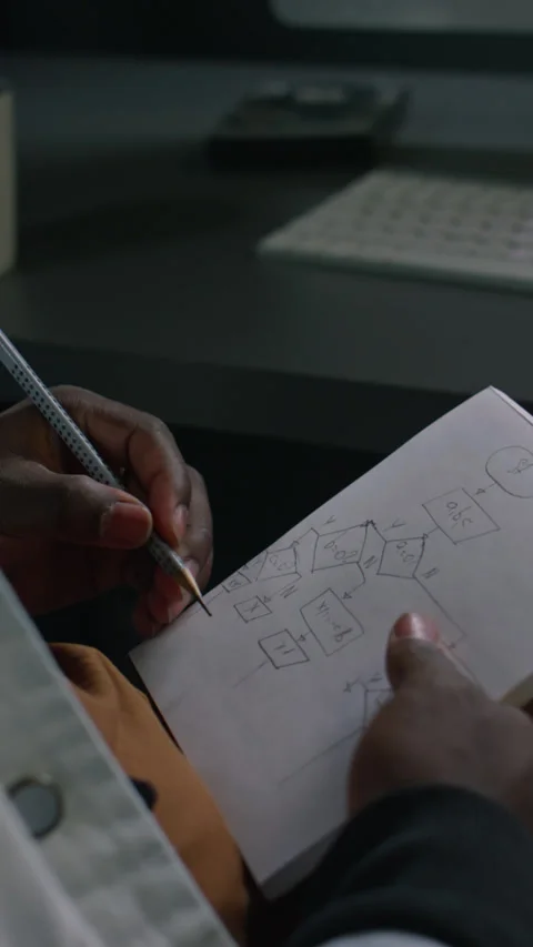 Hands of Black Male Software Architect Drawing Algorithm in Notebook Vídeo Stock 274236371