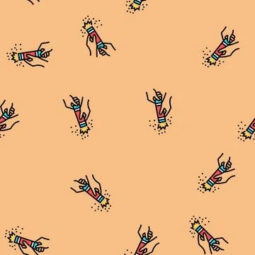 Hands blow up the confetti popper vector seamless pattern Stock Illustration