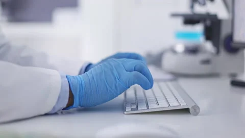 Hands, blue gloves and typing for research, analytics and internet for ideas Stock Footage 231778662