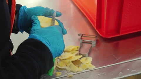 Hands in blue gloves holding knife and peeling potatoes. Processing vegetables Stock Footage 267015368