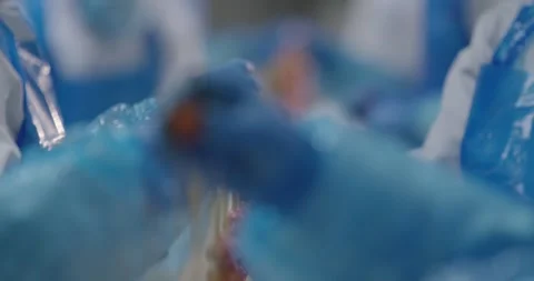 Hands in blue gloves put minced meat onto wooden skewers in a food production 動画素材 339963894