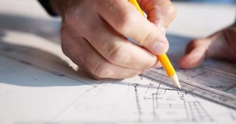Hands, blueprint and drawing for construction with engineer, ruler and urba.. Stock Photos