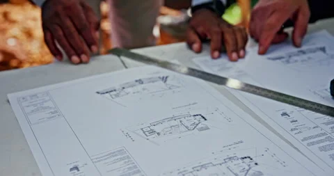Hands, blueprint and man for architecture, planning and design with isometric Stock Footage 275913810