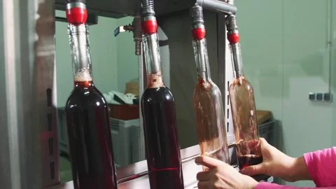 Hands Bottling Red and Amber Wine in Industrial Winery Video stock 340637560