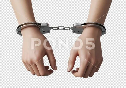 Hands bound in metal handcuffs, isolated on transparent background PSD Template