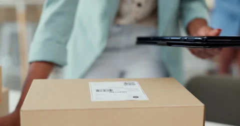 Hands, box and scanner for barcode, shipping and tablet for stock, check or data Video stock 267185306