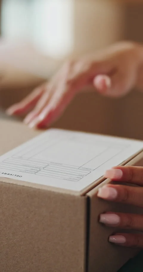 Hands, box and writing on shipping label for package delivery, tracking code and Stock Footage 336669246