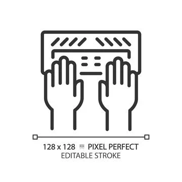 Hands with Braille keyboard pixel perfect linear icon 스톡 일러스트