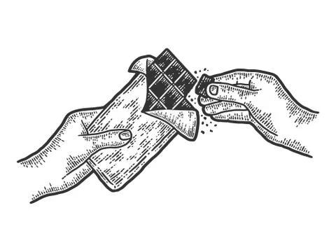 Hands breaking chocolate slow motion. Sketch scratch board imitation. Stock Illustration