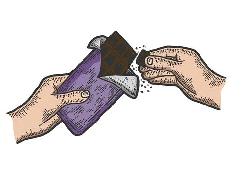 Hands breaking chocolate slow motion. Sketch scratch board imitation color. Stock Illustration