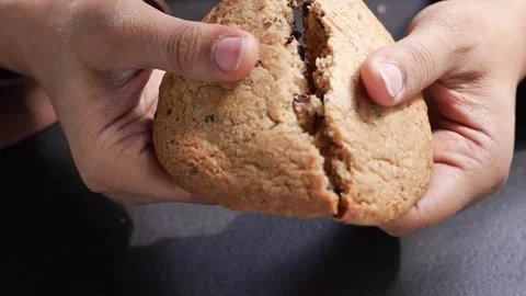 Hands breaking a fresh chocolate chip cookie apart over dark surface showin.. Stock Footage 333157207