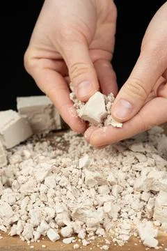Hands Breaking Fresh Yeast Cube for Baking Preparation. 库存照片