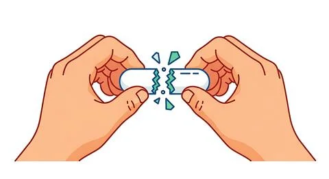 Hands breaking white capsule in half with shards flying symbolizing pharmac.. Stock Illustration