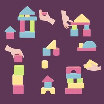 Hands with bricks for coordination wood tower toy Stock Illustration