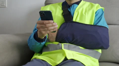 Hands with broken arm wearing sling using smart phone Vidéo 302890610
