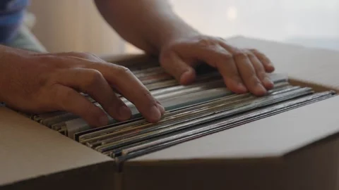 Hands Browsing Vinyl Record Collection in Cardboard Box Stock Footage 344972675