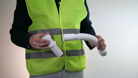 The hands of a builder, engineer or handyman holding a pipe from a piece of Stock Footage 314033931