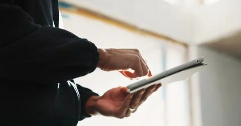 Hands, business and scroll with tablet in office, project schedule or agend.. Stock Photos