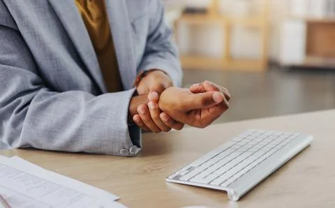 Hands of business man with problem, carpal tunnel syndrome or sore wrist from 库存照片