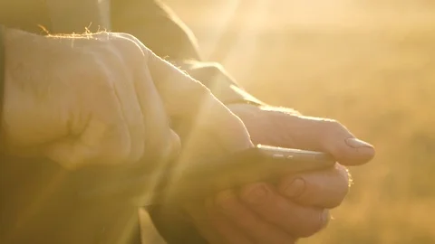 Hands of business man working with tablet in bright rays of the sun. close-up Stockbeeldmateriaal 98964562