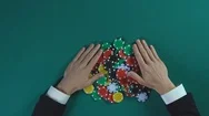 Hands Of Businessman Taking All Chips In Casino, Monopoly On Market, Top View Stock Footage