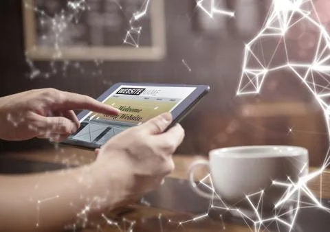 Hands in cafe with tablet and white network overlay Stock-Fotos