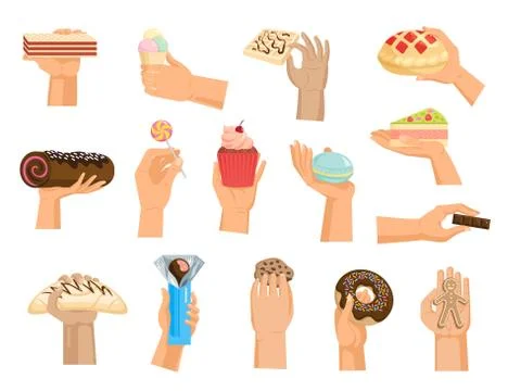 Hands with cake vector arm holding chocolate confectionery cupcake and sweet Illustration