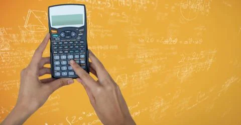 Hands with calculator against yellow math doodles Stock Photos