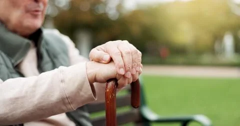 Hands, cane and elderly man in nature for walking for fresh air, exercise or Fotos de archivo