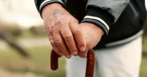 Hands, cane and elderly man in nature for walking for fresh air, exercise or Fotos de archivo