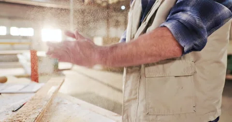 Hands, carpenter and dust in workshop with wood, smooth surface and Stock Footage 340625196