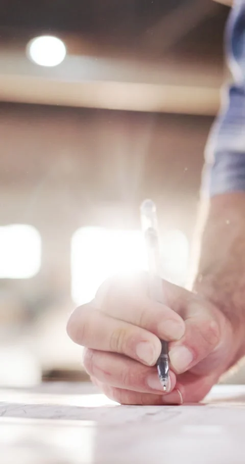 Hands, carpenter and writing in workshop with blueprint, planning or design Stock Footage 340755907
