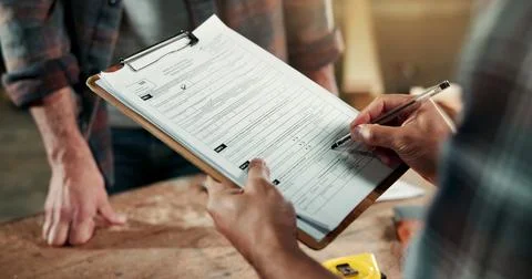 Hands, carpenter and writing at workshop with checklist, stock and timber price Stock Photos
