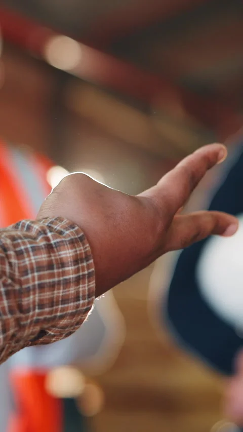 Hands, carpenter or person talking with team in workshop for manufacturing, idea Stock Footage 343817340