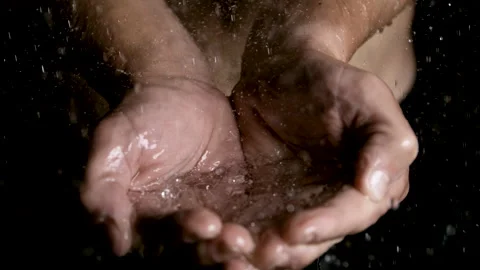 Hands Catching Drops of Rain in His Hands in Slow Motion Stock Footage 270317436