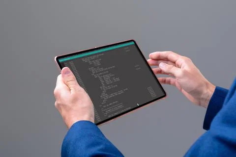 Hands of caucasian male programmer using tablet with coding on screen Stock-Fotos