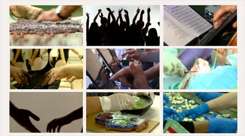 The hands of celebrating, working, surgeon operating ,loving, playing. Collage.  Stock Footage 63111589