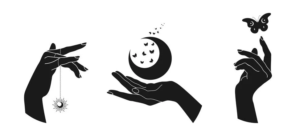 Hands with celestial elements. Crescent moon, sun and magical butterflies Illustrazione stock