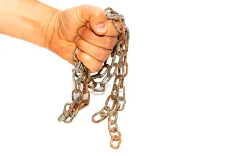 Hands in chains isolated on white background Stock Photos