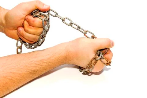 Hands in chains isolated on white background Foto stock