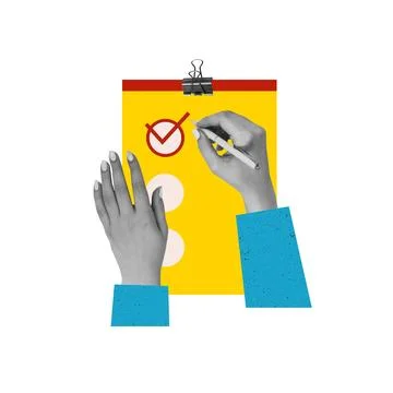 Hands checking off a item on clipboard, completing task, achieving goal Stock Photos