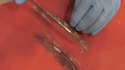 Hands of chef cook using knife for cutting meat in restaurant top view Stock Footage 90911582