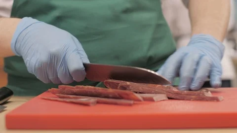Hands of chef cook using meat while cooking in restaurant close up Stock Footage 90911279