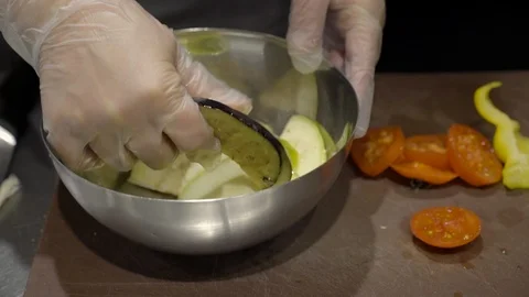 Hands of the chef, vegetable salad, mix Stock Footage 121831016