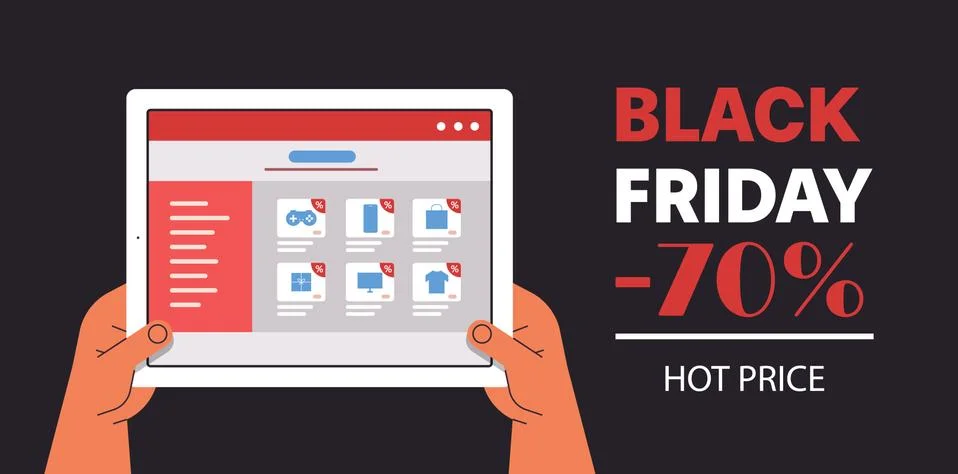 Hands choosing goods on tablet screen online shopping black friday sale holiday Illustrazione stock